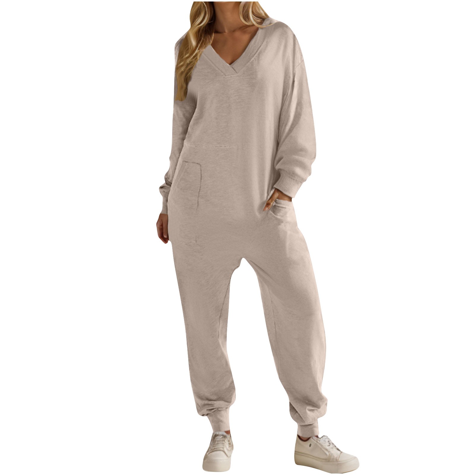 Jalioing Jumpsuit for Women Long Sleeve V Neck Comfy Jumpsuit Casual Solid Color One-Piece Jumpsuit Homewear